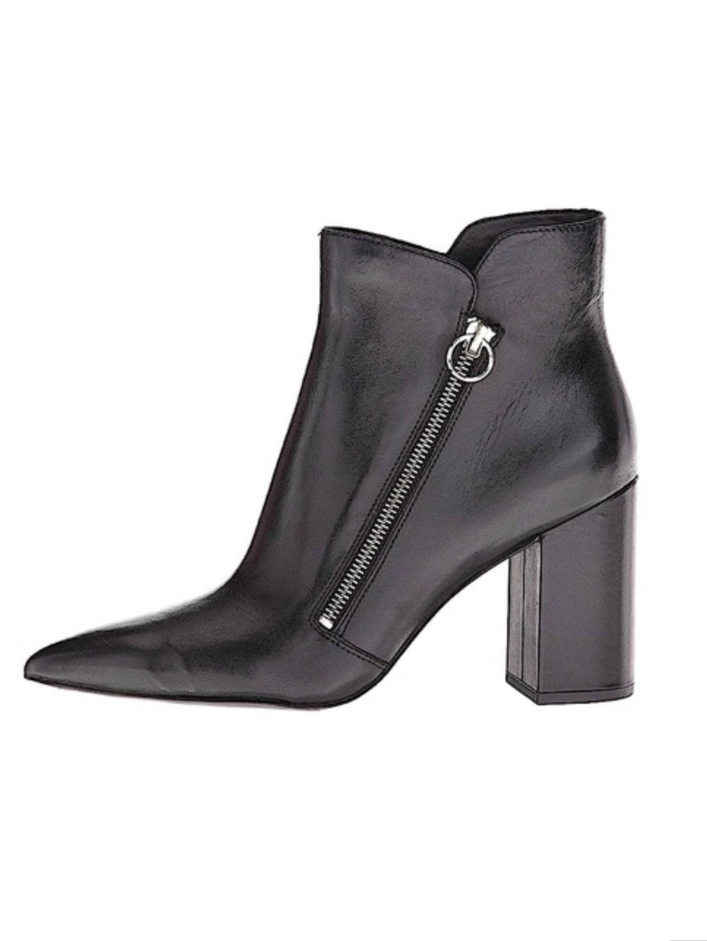 Nine West Black Pointed Toe Ankle Boots w/ Silver Side Zip Russity Ring Pull 8.5
